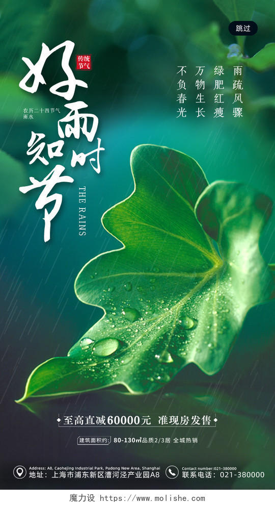 绿色中国传统二十四节气雨水手机海报雨水ui手机海报